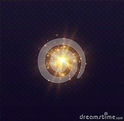 Star burst with sparkles, lens flare with particles, golden star explosion. Shining sun with fairy dust. Vector Illustration