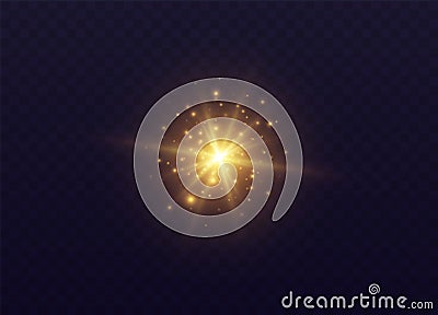 Star burst with sparkles, lens flare with particles, golden star explosion. Shining sun with fairy dust. Vector Illustration