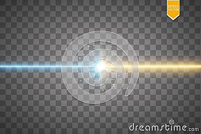 Star clash and explosion light effect, neon shining laser collision surrounded by stardust on transparent background Vector Illustration