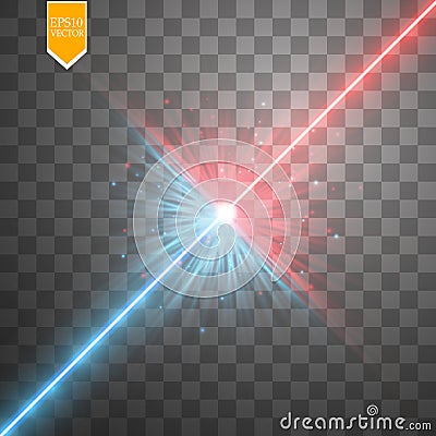 Star clash and explosion light effect, neon shining laser collision surrounded by stardust on transparent background Vector Illustration