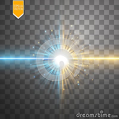 Star clash and explosion light effect, neon shining laser collision surrounded by stardust on transparent background Vector Illustration