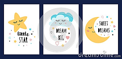 Star cloud moon sleep card set Sleeping character collection Funny posters text Dream big Sweet deams Little star vector Cartoon Illustration