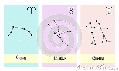 Star constellations zodiac aries, taurus, gemini Vector Illustration