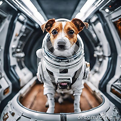 Star Dog Patron. Portrait of a brave pet in space suit with fantastic interior Stock Photo