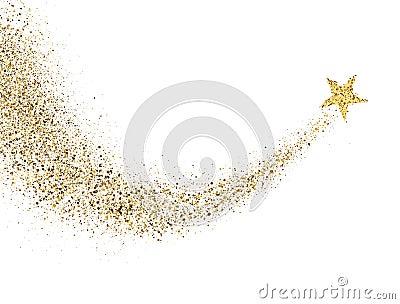 Star dust trail with glitter sparkling particles on white background. Gold glittering space comet tail. Cosmic wave Vector Illustration