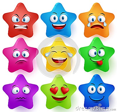 Star faces vector set with colors and facial expressions Vector Illustration