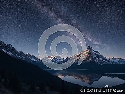 star-filled night sky above a tranquil mountain landscape. Stock Photo