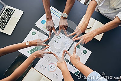 Star fingers, team and documents in office, group and peace sign with planning, startup and top view at desk. Business Stock Photo