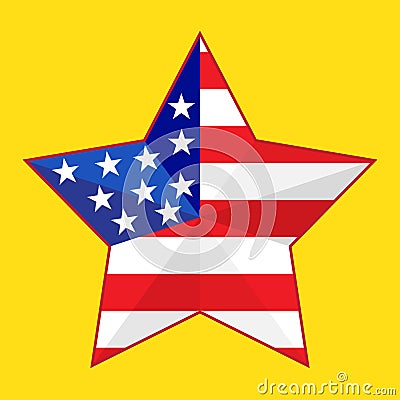 Star with the flag of America. Red and blue on a yellow background. American star. USA. 4th of July . Patriotism. Vector illustrat Cartoon Illustration