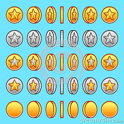 Star gold silver coins rotation set Vector Illustration