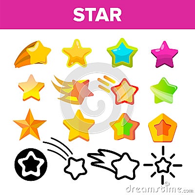 Star Icon Set Vector. Gold Bright Star Icons. Sky Cosmos Object. Rating Sign. Winner Shape. Line, Flat Illustration Vector Illustration