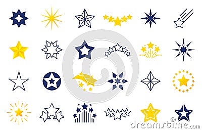 Star icons. Premium black and outline symbols of star shapes, four five six-pointed star labels on white background Vector Illustration