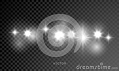 Star light shine, glitter sparkles, lens flare glow blur bokeh effect. Vector Christmas starlight or sunlight, sportlight rays Vector Illustration