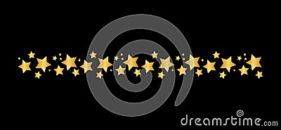 Star line divider in gold color vector design footer, modern border, rule lines design. Doodle pattern isolated on black Vector Illustration