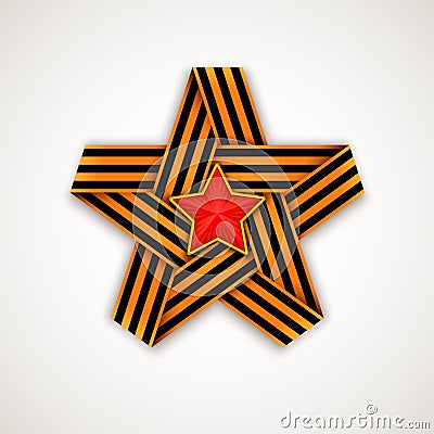 Star made of interlaced Saint George ribbon with Red star within Vector Illustration