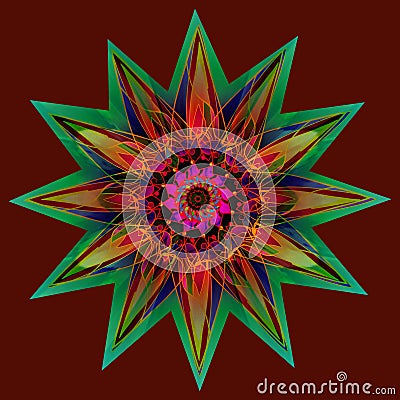 STAR MANDALA. PLAIN BROWN BACKGROUND. CENTRAL LINEAR DESIGN, FLOWER IN GREEN, RED, ORANGE, YELLOW, BLUE, PINK, BLUE Stock Photo