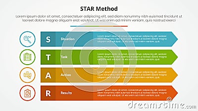STAR method infographic concept for slide presentation with long rectangle with arrow edge with 4 point list with flat style Stock Photo