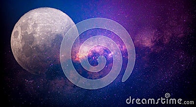 Star and moon concept, Super full moon and stars milky way galaxy on night background Stock Photo