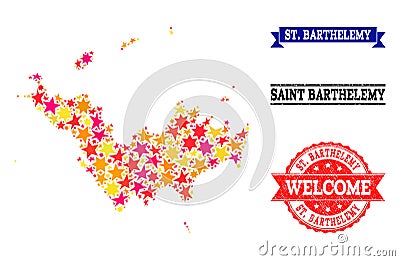 Star Mosaic Map of Saint Barthelemy and Rubber Stamps Vector Illustration