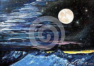 Star mountain Moon oil painting Stock Photo