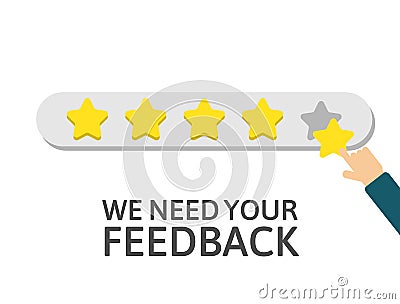 Star rating. Businessman holding a gold star in hand, to give five. Feedback concept. Happy customer, satisfaction clients. Evalua Vector Illustration