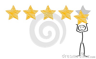 Star rating. Positive customer reviews. Businessman holding a gold star in hand, to give five stars, feedback concept - stock Vector Illustration
