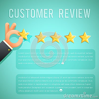 Star rating review customer experience hand text template background cartoon design business concept vector illustration Vector Illustration