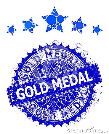 Vector 5 Star Rating Collage of Dots and Grunge Gold Medal Stamp Seal Vector Illustration