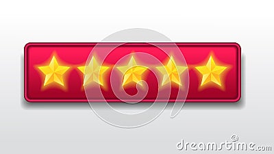 Five 5 stars. exelent. satisfied Customer feedback rating sytem. realistic shiny gold stars in front of red rectangle modern vec Vector Illustration