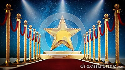 Star, red carpet and velvet ropes against night background. 3D illustration Cartoon Illustration