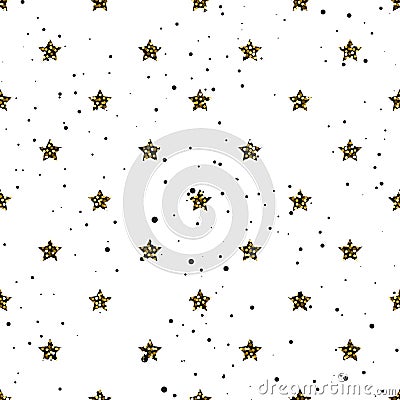 Star shape glitter gold, black and white seamless pattern. Vector Illustration