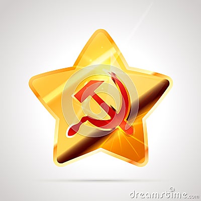 Star shaped bright glossy golden badge icon with red soviet sickle and hammer, communist USSR symbol on white Stock Photo