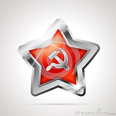 Star shaped bright glossy silver badge icon with soviet sickle and hammer, communist USSR symbol on white Stock Photo