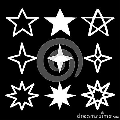 Star Sparkles sign symbol icon set. White silhouette shape. Hand drawing doodle image. Cute shape collection. Christmas decoration Vector Illustration