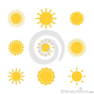 Star symbol. Sun icon set. Summer sunny shape. Sunbeam silhouette. Temperature logo. Sunlight symbol. Sunrise light Vector Illustration