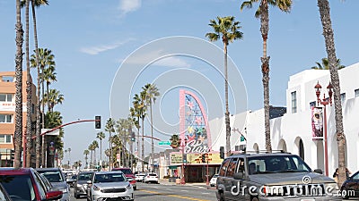 Star theatre, pacific coast highway 1, historic route 101. Palm trees on street road, California USA Editorial Stock Photo