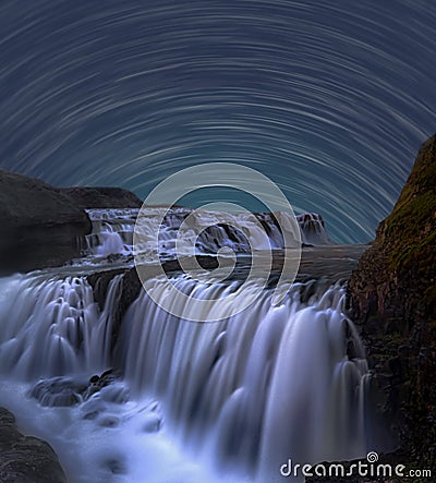 Star Trail with Waterfall Stock Photo