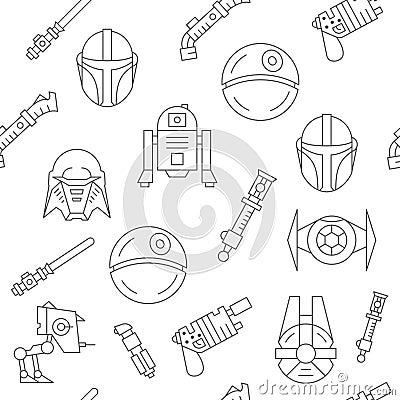 Star War pattern. Space technology. Movie line symbols. Sky ships. Blaster pistol. Black and white science signs Vector Illustration