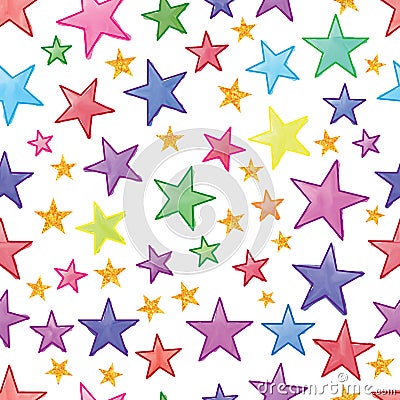 Star watercolor gold glitter seamless pattern Vector Illustration