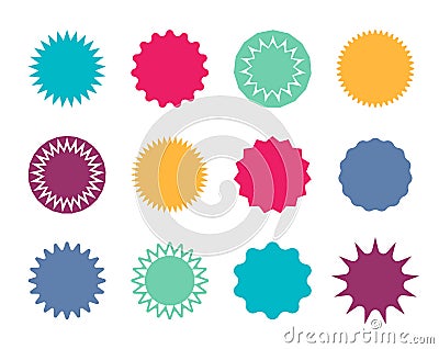 Starburst badge. Circle stickers with jagged edges. Round shapes for price and promo. Blank pricetag for sale. Red, blue, green Vector Illustration