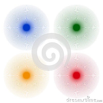 Starburst, sunburst shapes with radial, radiating lines. 4 color Vector Illustration