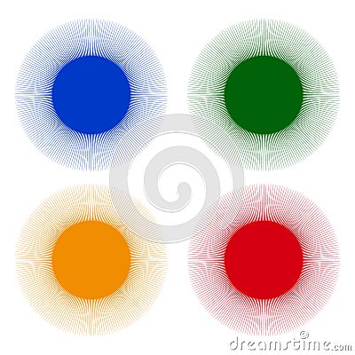 Starburst, sunburst shapes with radial, radiating lines. 4 color Vector Illustration