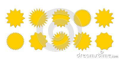 Starburst yellow sticker set - collection of special offer sale round shaped sunburst labels and badges Vector Illustration