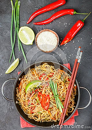 Starch rice, potatoes noodles with beef and vegetables Stock Photo