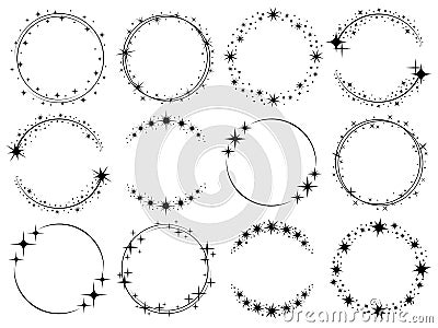 Stardust frames. Shiny star circle frame, starry glitter stamp and round magic twinkle stars trace isolated vector set Vector Illustration