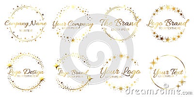 Stardust golden logo set. Shiny circle frames with stars and glowing glitter. Round border for company name Vector Illustration