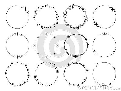 Stardust sparks frames. Silhouette stars circular patterns, magic holiday party decor, round glitter effect particles Stock Photo