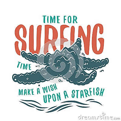 Starfish on the coast surfing summer print Vector Illustration