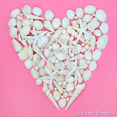 Starfish Pearls and Seashell Heart Stock Photo