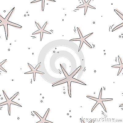 Starfish seamless pattern. One line drawing of a seastars. Summer tropical ocean beach style Vector Illustration